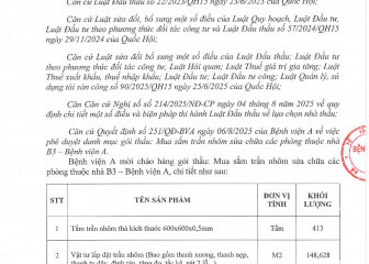 Thông báo mời chào hàng gói thầu: Mua sắm trần nhôm sửa chữa các phòng thuộc nhà B3 -  Bệnh viện A