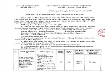 Thông báo mời chào giá gói thầu: Sửa chữa Dây nội soi đại tràng nhi Pentax EC 3490FK của Bệnh viện A Thái Nguyên