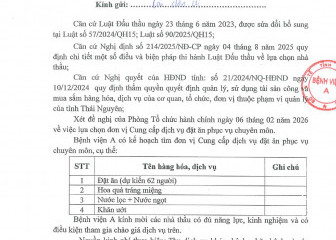 Thông báo mời chào hàng gói thầu: Cung cấp dịch vụ đặt ăn phục vụ chuyên môn