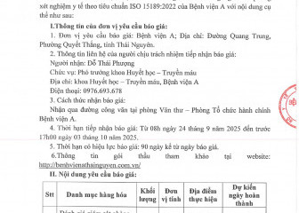 Thông báo mời chào giá gói thầu: Đánh giá giám sát phòng xét nghiệm y tế theo tiêu chuẩn ISO 15189:2022 của Bệnh viện A