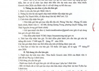 Thông báo yêu cầu báo giá gói thầu: Mua thuốc Generic năm 2026 của Bệnh viện A