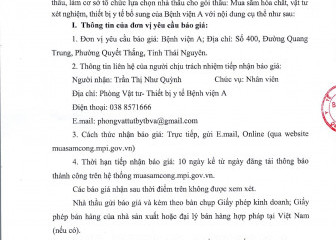 Thông báo mời chào giá gói thầu: Mua sắm hóa chất, vật tư xét nghiệm, thiết bị y tế bổ sung của Bệnh viện A