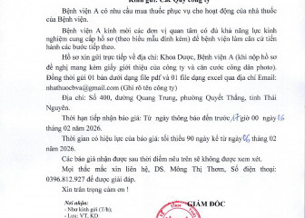 Thông báo mời chào giá gói thầu: Mua thuốc phục vụ cho hoạt động của nhà thuốc Bệnh viện