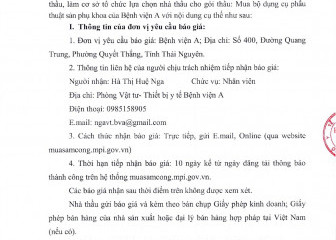 Thông báo mời chào giá gói thầu: Mua bộ dụng cụ phẫu thuật sản phụ khoa của Bệnh viện A