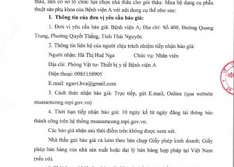 Thông báo mời chào giá gói thầu: Mua bộ dụng cụ phẫu thuật sản phụ khoa của Bệnh viện A
