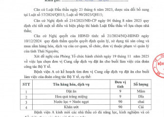 Thông báo mời chào hàng gói thầu: Cung cấp dịch vụ đặt ăn cho buổi làm việc của đoàn công tác Bộ Y tế