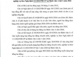 Thông báo công nhận kết quả trúng tuyển kỳ tuyển dụng hợp đồng lao động chuyên môn nghiệp vụ theo Nghị định 111/2022/NĐ-CP tại Bệnh viện A đợt 1 năm 2026