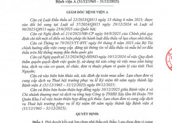 Quyết định về việc phê duyệt lựa chọn nhà thầu gói thầu: Lựa chọn đơn vị cung cấp dịch vụ Thuê hội trường phục vụ Lễ Kỷ niệm 60 năm ngày thành lập Bệnh viện A (31/12/1965 - 31/12/2025)