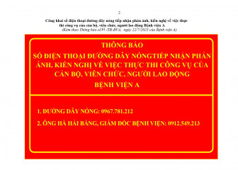 Thông báo Công khai số điện thoại đường dây nóng tiếp nhận phản ánh, kiến nghị về việc thực thi công vụ của cán bộ, viên chức, người lao động Bệnh viện A