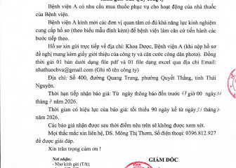 Thông báo mời chào giá gói thầu: Mua thuốc phục vụ cho hoạt động của nhà thuốc bệnh viện