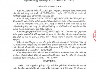 Quyết định về việc phê duyệt kết quả lựa chọn nhà thầu gói thầu: Mua sắm thẻ Ban tổ chức, kệ chức danh Mika và menu Mika A6 phục vụ lễ Kỷ niệm 60 năm ngày thành lập Bệnh viện A (31/12/1965 - 31/12/2025)