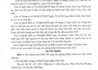 Quyết định về việc phê duyệt mua thuốc bổ sung cho phòng khám Parkinson năm 2026