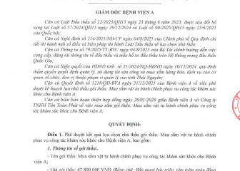 Quyết định về việc phê duyệt kết quả lựa chọn nhà thầu của gói thầu: Mua sắm vật tư hành chính phục vụ công tác khám sức khỏe cho Bệnh viện A