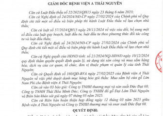 Quyết định về việc phê duyệt kết quả lựa chọn nhà thầu gói thầu: Mua sắm bộ cửa gỗ Lim Nam Phị cho Bệnh viện A Thái Nguyên