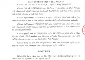 Quyết định về việc phê duyệt dự toán mua sắm: Khám phát hiện bệnh nghề nghiệp phục vụ chuyên môn cho Bệnh viện A Thái Nguyên