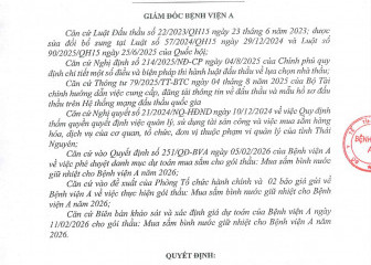 Quyết định về việc phê duyệt kết quả lựa chọn nhà thầu của gói thầu: Mua sắm bình nước giữ nhiệt cho Bệnh viện A năm 2026