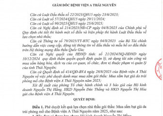Quyết định về việc phê duyệt kết quả lựa chọn nhà thầu gói thầu: Mua sắm bạt giả da trải phòng mổ cho Bệnh viện A Thái Nguyên năm 2025