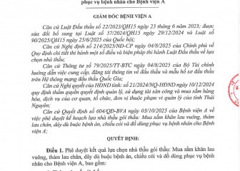 Quyết định về việc phê duyệt kế hoạch lựa chọn nhà thầu của gói thầu: Mua sắm khăn lau vuông, thảm lau chân, dây dù buộc bệnh án, chiếu cói và đồ dùng phục vụ bệnh nhân cho Bệnh viện A