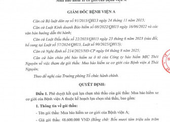 Quyết định về việc phê duyệt kết quả lựa chọn nhà thầu gói thầu: Mua bảo hiểm xe cơ giới của Bệnh viện A