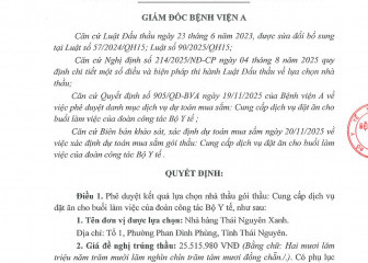 Quyết định về việc phê duyệt kết quả lựa chọn nhà thầu gói thầu: Cung cấp dịch vụ đặt ăn cho buổi làm việc của đoàn công tác Bộ Y tế