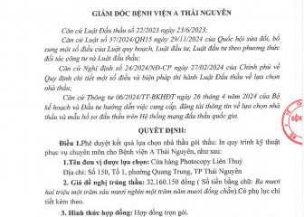 Quyết định về việc phê duyệt kết quả lựa chọn nhà thầu gói thầu: In quy trình kỹ thuật phục vụ chuyên môn cho Bệnh viện A Thái Nguyên