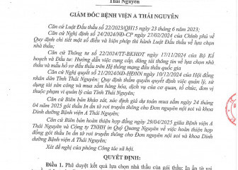 Quyết định về việc phê duyệt kết quả lựa chọn nhà thầu của gói thầu: In ấn tờ rơi truyền thông cho Đơn nguyên nội soi và khoa dinh dưỡng Bệnh viện A Thái Nguyên