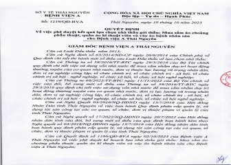 Quyết định phê duyệt kết quả lựa chọn nhà thầu gói thầu: Mua sắm áo choàng phẫu thuật, quần áo KTV và váy áo bệnh nhận sản cho Bệnh viện A Thái Nguyên
