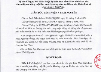 Quyết định về việc phê duyệt kết quả lựa chọn nhà thầu cho gói thầu: Mua bánh kẹo, sữa vinamilk, cốc dùng một lần, nước khoáng phục vụ khám sức khỏe định kỳ cho Công ty Núi Pháo