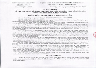 Quyết định về việc phê duyệt kế hoạch lựa chọn nhà thầu gói thầu: Mua sắm biển nhà thuốc cho Bệnh viện A Thái Nguyên