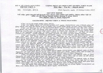 Quyết định phê duyệt kế hoạch lựa chọn nhà thầu gói thầu: Mua sắm vật rẻ tiền và đồ dùng bệnh nhân tháng 6 năm 2023 cho Bệnh viện A Thái Nguyên