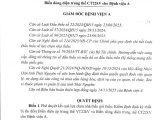 Quyết định về việc phê duyệt kết quả lựa chọn nhà thầu gói thầu: Kiểm định định kỳ thiết bị đo đếm Biến điện áp trung thế VT22kV và biến dòng điện trung thế CT22kV cho Bệnh viện A
