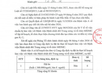 Thông báo mời chào giá gói thầu: Cung cấp dịch vụ đặt ăn thực kế hoạch làm việc với Bệnh viện Bệnh nhiệt đới Trung ương và tổ chức MIDMC