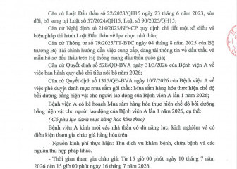 Thông báo mời chào hàng gói thầu: Mua sắm hàng hóa thực hiện chế độ bồi dưỡng bằng hiện vật cho người lao động của Bệnh viện A lần 1 năm 2026