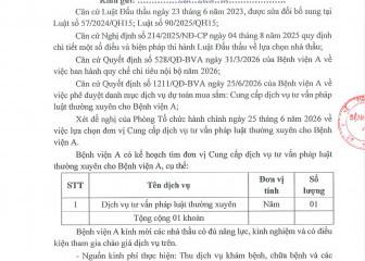 Thông báo mời chào hàng gói thầu: Cung cấp dịch vụ tư vấn pháp luật thường xuyên cho Bệnh viện A