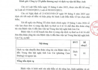 Thông báo mời chào giá gói thầu: Thuê xe ô tô 16 chỗ đưa đón đoàn công tác của Bệnh viện A