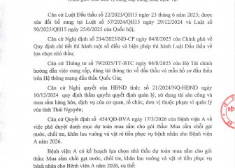 Thông báo mời chào giá gói thầu: Mua sắm chổi gạt nước, chổi tre, khăn lau vuông và vật rẻ tiền phục vụ bệnh nhân cho Bệnh viện A năm 2026