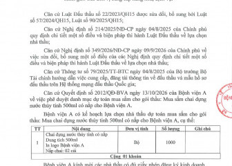 Thông báo mời chào giá gói thầu: Mua sắm chai đựng nước thủy tinh 500ml có nắp cho Bệnh viện A