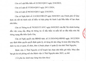 Thông báo mời chào giá gói thầu: Mua sắm bạt giả da trải phòng mổ cho Bệnh viện A Thái Nguyên năm 2025