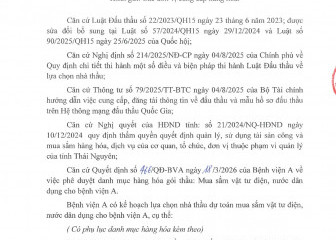 Thông báo mời chào giá gói thầu: Mua sắm vật tư điện, nước dân dụng cho Bệnh viện A