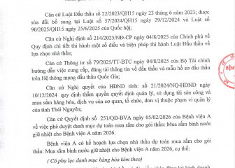 Thông báo mời chào giá gói thầu: Mua sắm bình nước giữ nhiệt cho Bệnh viện A năm 2026