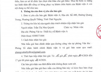 Thông báo mời chào giá gói thầu: Mua bộ bơm xi măng tạo hình thân đốt sống có bóng phục vụ khám chữa bệnh của Bệnh viện A
