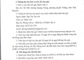 Thông báo mời chào giá gói thầu cho danh mục hàng hóa, công cụ dụng cụ, thiết bị y tế