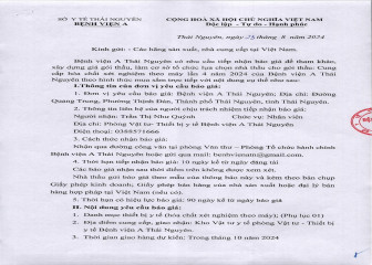 Thông báo mời chào giá gói thầu: Cung cấp hóa chất xét nghiệm theo máy lần 4 năm 2024 của Bệnh viện A Thái Nguyên